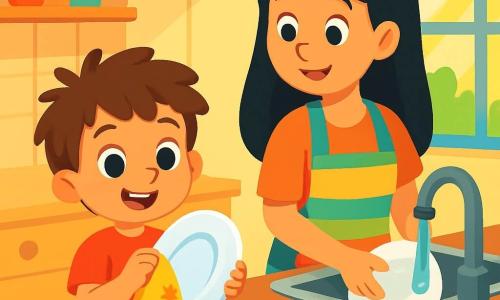 Un petit garçon de 4 ans, Sami, avec des cheveux bruns en bataille et des yeux curieux, se tient dans une cuisine lumineuse. Il sourit fièrement en essuyant une assiette brillante avec un torchon jaune à motifs de soleils. Sa maman, souriante et d'environ 30 ans, avec des cheveux longs et noirs, porte un tablier coloré et lave des assiettes dans un évier, le regardant tendrement. La cuisine, chaleureuse avec des murs crème et des rayons de soleil filtrant par la fenêtre, illumine la table en bois où se trouvent des plats délicieux. Sami aide sa maman à faire la vaisselle pour le Ramadan, créant une atmosphère joyeuse et lumineuse, remplie de rires et de gratitude.