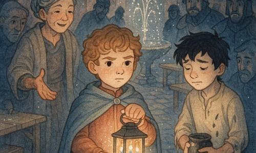 Le prince Éloi, garçon au visage rond et cheveux châtain clair bouclés, a une expression résolue et douce; il tient près de sa poitrine une lanterne à trois petites flammes bleu-orangées. Lino, apprenti d'environ 13 ans aux cheveux noirs en bataille, la cire sur les manches et le visage honteux mais soulagé, serre un petit pot de cire noire à côté du prince. Dame Maëline, femme d'environ 55 ans à la peau tannée et cheveux gris tressés en chignon, yeux rieurs et mains tachées de cire, se tient en retrait paume ouverte pour apaiser la foule. Autour, quelques artisans et gardes adultes, surpris et repentants, se penchent vers la source de lumière. La scène se déroule dans une cour pavée humide avec grandes tables en bois, guirlandes de bougies et une fontaine centrale projetant fines gouttes lumineuses; une ombre sombre et fluide rampe le long des murs en éteignant les bougies et laissant des silhouettes noir-bleutées, tandis que la lanterne du prince émet une lueur protectrice qui révèle les visages. Palette visuelle douce d’aquarelle saumon, bleu nuit et or pâle, avec accents au stylo gel blanc sur les flammes et les gouttes, textures granuleuses pour la cire et reflets brillants sur les pavés.