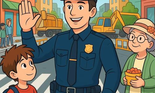 Un policier d'une quarantaine d'années, en uniforme bleu nuit, souriant et déterminé, dirige la circulation au centre de la scène. À ses côtés, un garçon de 8 ans, avec des cheveux bruns en bataille et un t-shirt rouge, l'admire tout en tenant son cartable. En arrière-plan, une dame âgée avec des lunettes et un chapeau fleuri sourit en tenant une petite boîte de fruits. La scène se déroule sur une rue animée, entourée de bâtiments colorés, avec des camions de chantier et des barrières jaunes. Des voitures sont arrêtées et des piétons attendent, créant une atmosphère de coopération. Le policier régule la circulation et veille à la sécurité des enfants traversant la rue.