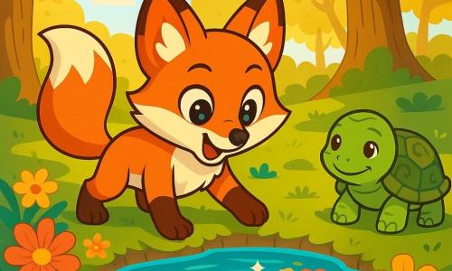 Un renard nommé Roux, aux yeux brillants et au pelage flamboyant, se tient au bord d'une source magique, émerveillé par les eaux qui reflètent les couleurs des fleurs. À proximité, une tortue sage, Pati, avec une carapace ornée, sourit doucement en se déplaçant sur le sol mousseux. Le décor est une clairière ensoleillée, entourée d'arbres majestueux aux feuilles dorées, où la lumière filtre à travers les branches, créant une atmosphère paisible. Roux se prépare à plonger ses pattes dans l'eau pour découvrir la sagesse de la source.
