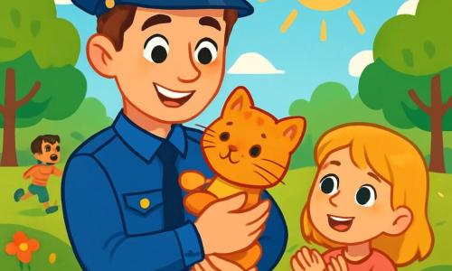 Un jeune policier nommé Simon, dans la vingtaine, avec des cheveux bruns et des yeux déterminés, porte un uniforme bleu vif. Il sourit fièrement en tenant un chaton orange dans ses bras. À ses côtés, une petite fille de 7 ans, aux cheveux blonds et aux yeux brillants, en robe rose, applaudit avec enthousiasme. En arrière-plan, un parc verdoyant avec des arbres et des fleurs colorées est animé par des enfants qui jouent. Simon, ayant retrouvé le chaton perdu, est entouré de joie et de gratitude, tandis que le soleil illumine la scène, créant une atmosphère chaleureuse et festive.