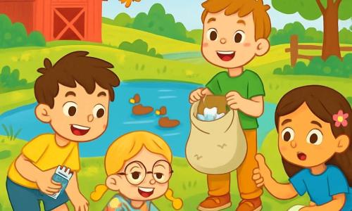 Quatre enfants participent à une activité de nettoyage autour d'un étang dans une ferme pédagogique ensoleillée. Léo, 8 ans, ramasse des déchets avec une canette, Emma, 7 ans, collecte des papiers avec un sourire, Hugo, 8 ans, tient un sac rempli de déchets, et Léa, 7 ans, montre un déchet trouvé. L'environnement est joyeux, avec des champs verdoyants, des arbres fleuris et des canards dans l'étang, tandis que des bénévoles s'activent autour d'eux. Les enfants, souriants et motivés, apprennent à protéger la nature dans une ambiance de camaraderie.