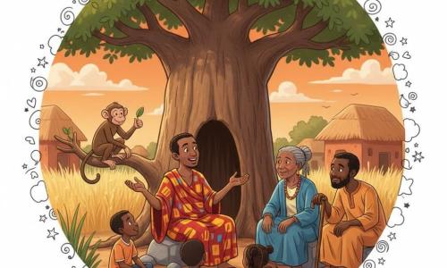 Kofi, homme adulte au visage souriant et curieux, peau brune, cheveux courts, vêtu d’une robe rouge et jaune, est assis sur une petite pierre en train de conter en faisant un grand geste de la main droite ; un singe brun espiègle, perché sur une branche basse du baobab à sa gauche, tient une petite feuille et le regarde malicieusement ; à droite, un sage âgé aux cheveux gris tressés et long manteau bleu écoute en appuyant la main sur son bâton ; en face, une sage femme âgée à la peau ridée mais lumineuse, bijoux de perles et châle vert, sourit doucement ; un troisième sage, homme d’âge mûr à la barbe fournie et tunique ocre, se penche comme pour donner un conseil ; trois enfants du village (deux garçons et une fille, environ 6–8 ans) sont assis par terre devant Kofi, les yeux émerveillés et les mains sur les genoux ; décor : grand baobab au tronc large et creux au centre, maisons en terre cuite aux toits de chaume à l’arrière-plan, hautes herbes dorées et ciel orange de fin d’après‑midi ; ambiance chaleureuse et paisible de conte collectif, expressions joyeuses et attentives, lumière douce et contraste chaud pour accentuer les couleurs des vêtements.