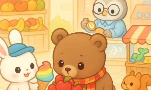 Petit ours brun rond et duveteux, yeux brillants et écharpe à carreaux, penché en avant derrière un panier de pommes en reniflant; à gauche un lapin vendeur de glaces blanc au chapeau bleu tend une grosse glace vanille arc‑en‑ciel; à l’arrière, un hibou horloger gris en blouse polit une montre dorée dans sa boutique; à droite quelques écureuils roux jouent près d’un stand de jouets; galerie marchande lumineuse aux carreaux clairs, guirlandes et étals de fruits, vitrine de montres brillantes qui émettent de petites ondes sonores—l’ours découvre que le « tic‑tac » vient de ces montres; style chibi kawaii, couleurs pastel vives, contours doux et textures peluche, atmosphère joyeuse et rassurante.