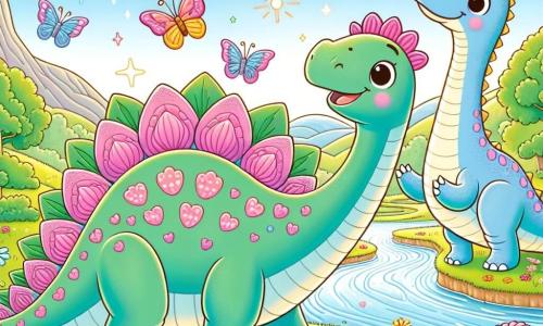 Un stégosaure nommé Stella, avec de grandes plaques vertes et roses sur le dos, sourit émerveillée en découvrant son nouveau territoire. À ses côtés, un diplodocus nommé Dino, grand et amical, l'encourage en applaudissant. Ils se trouvent dans une vallée ensoleillée, remplie de fleurs colorées, de collines douces et d'une rivière scintillante. Des papillons multicolores volent autour d'eux, ajoutant une touche de magie à la scène. Stella et Dino célèbrent la découverte de cet endroit parfait en dansant joyeusement sous le ciel bleu, entourés de la beauté de la nature.