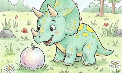 Tino, petit tricératops joyeux et curieux, vert menthe à taches jaunes, trois cornes courtes, large collerette ronde et pattes potelées, pose doucement son museau sur une pierre ronde et nacrée de la taille d'une pomme qui émet une douce lueur rosée et bleutée; ils sont dans une prairie herbeuse parsemée de marguerites et de coquelicots, quelques rochers et un petit bosquet en arrière-plan; scène enfantine et simple aux contours au crayon épais, remplissage coloré, traits ronds et lumière douce autour de la pierre.