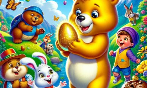 Un ours doré nommé Oscar, avec un pelage brillant et des yeux curieux, se tient au centre de l'image, souriant tout en brandissant un œuf d'or. À ses côtés, un lapin nommé Benjamin, aux grandes oreilles et au pelage blanc, saute de joie en tenant un œuf en chocolat. En arrière-plan, une tortue sage nommée Tania, avec une carapace colorée et des lunettes, observe avec bienveillance, tandis qu'un hérisson nommé Hugo roule joyeusement sur le sol. Le décor est un jardin enchanté, rempli de fleurs éclatantes, de papillons et d'un pommier chargé de fruits, sous un ciel bleu avec des nuages. Oscar et ses amis célèbrent la découverte de l'œuf d'or, prêts à fêter Pâques dans une ambiance magique et festive.