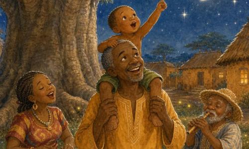 Kofi, homme aux cheveux gris courts et sourire émerveillé, porte un garçon d'environ 5 ans joufflu qui pointe une étoile en riant; Fatou, trentaine, en robe rouge et jaune tressée, chante en battant un tambour à l'ombre d'un immense baobab aux racines apparentes et à l'écorce rugueuse, tandis qu'un vieil homme conteur souffle dans une petite flûte assis sur une pierre; la place du village au crépuscule, herbe parsemée de lucioles, maisons en banco ocre en arrière-plan, lune argentée et étoiles scintillantes, lumière douce et chaude, palette ocre, bleu nuit et verts doux, traits aquarelle avec rehauts blancs sur les étoiles, les larmes de joie et les feuilles.