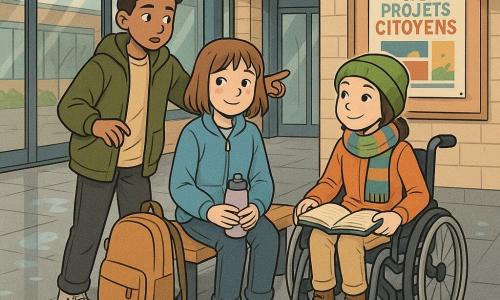 Trois enfants de 12 ans dans le hall d’un collège moderne sous un préau : Nora, fille châtain clair au carré, pâle avec taches de rousseur, veste bleu clair, assise sur un petit banc au centre, souriant timidement et tenant une gourde ; Malik, garçon à peau mate et cheveux bouclés courts, veste kaki trop grande, debout à gauche, air protecteur, main sur le dossier du banc et l’autre montrant l’ascenseur ; Jade, fille en fauteuil roulant coiffée d’un bonnet vert pomme et écharpe colorée, fauteuil moderne avec poignées visibles, à droite de Nora, regard confiant et carnet ouvert sur les genoux ; sol en dalles grises légèrement mouillées, grandes baies vitrées, affiche “Semaine des projets citoyens” au fond et un tapis d’entrée au bord relevé formant une bosse ; les trois examinent un ascenseur partiellement caché et discutent de solutions pour rendre l’entrée plus accessible, ambiance lumineuse, chaleureuse et bienveillante, couleurs pastel et traits arrondis, composition centrée sur l’entraide et le tapis rebelle au premier plan.