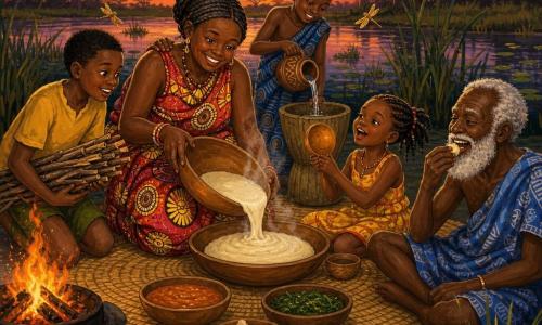 Mame Safi, femme d’âge mûr au large sourire et yeux brillants, agenouillée sur une natte en raphia sert une pâte de manioc chaude depuis un grand plat en bois; autour d’elle, un garçon d’environ 10 ans tient un fagot près du feu, une fillette de 6 ans chante en agitant une calebasse vide assise à droite, un garçon de 8 ans verse de l’eau dans un mortier derrière elle et un vieil homme à la barbe blanche, pagne bleu, est assis en tailleur à droite en train de goûter en souriant; une grenouille verte sur un nénuphar observe la scène; décor de marais au crépuscule avec nénuphars, papyrus et baobabs en silhouette, ciel orange-rose et libellules dorées; ambiance chaleureuse de partage, vapeur et étincelles, éclairage chaud du coucher de soleil; style peinture acrylique aux coups de pinceau visibles, couleurs saturées et textures rugueuses.