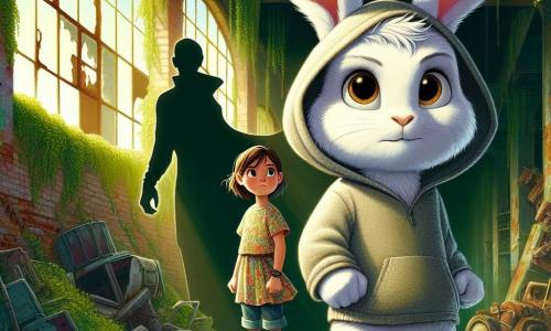 Léo, un petit lapin aux grandes oreilles et au pelage blanc, se tient courageusement au centre d'une usine abandonnée, déterminé face à une ombre menaçante. À ses côtés, Zoé, une jeune fille aux cheveux châtains, tend les mains vers lui, affichant courage et excitation. L'usine, avec ses murs décrépits et ses fenêtres brisées, crée une atmosphère mystérieuse. Ensemble, Léo et Zoé conjurent une lumière éclatante pour rétablir l'équilibre magique de leur ville.