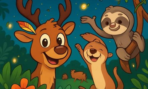 Rémi, un renne aux grands yeux pétillants et au pelage brun brillant, se tient au centre de la scène avec un large sourire. À ses côtés, Lila, une loutre espiègle au pelage soyeux, fait des pirouettes, tandis que Gaston, un paresseux au pelage grisâtre, s'accroche à une branche avec un sourire tranquille. Le décor est une clairière enchantée illuminée par des lucioles, entourée de lianes et de fleurs colorées, avec des perroquets volants. Au loin, un groupe de capybaras joue à un jeu de ballon, ajoutant à l'atmosphère festive. Rémi et ses amis explorent la nuit, se cachant derrière des buissons colorés et déguisés avec des plumes pour échapper à un gardien du zoo, créant une ambiance d'aventure et de mystère.