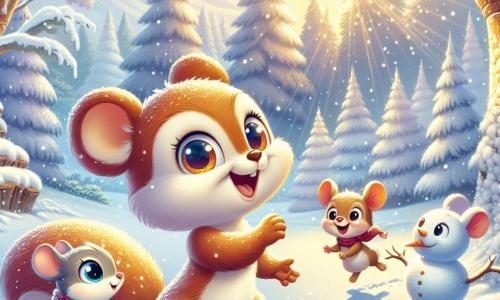 Au centre de l'image, un écureuil nommé Léo, avec un pelage brun et des yeux curieux, se tient debout sur ses pattes arrière, souriant. Il est entouré de flocons de neige qui tombent, créant une atmosphère magique. À sa droite, Chloé la souris, avec un pelage gris et de grandes oreilles, l'observe émerveillée, portant une écharpe rouge. À gauche, Max le lapin, au pelage blanc, saute joyeusement, construisant un bonhomme de neige. Le décor est une clairière enchantée, recouverte de neige scintillante, avec des arbres chargés de flocons et un soleil brillant. Léo, Chloé et Max explorent l'hiver et s'amusent ensemble dans la neige, prêts pour une aventure inoubliable.