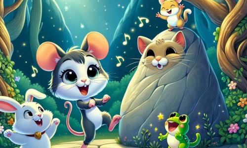 Une petite souris nommée Mimi, avec de grandes oreilles et une queue frétillante, danse joyeusement au pied d'un rocher en forme de chat, rayonnante de bonheur. À ses côtés, Léon le lapin, au pelage blanc, saute en rythme, les yeux pétillants de joie, tandis que Chloé la grenouille, verte et vive, bondit autour d'eux, riant et applaudissant. Ils se trouvent dans une forêt enchantée, éclairée par la lune, avec des arbres tordus et des fleurs colorées. Mimi et ses amis essaient de divertir un rocher parlant qui leur a demandé de l'aider à découvrir un trésor caché, s'amusant dans une atmosphère joyeuse et amicale.