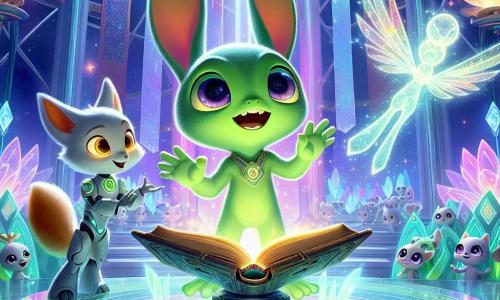 Au centre de l'image, Octavius, un petit extraterrestre ressemblant à une grenouille géante avec des oreilles de lapin, est debout sur une plateforme en cristal. Sa peau est verte et ses grands yeux brillent d'excitation. Il tient un grimoire ouvert, des éclats de lumière magique émanant des pages. À sa droite, Zorak, un robot en forme de renard avec une queue en plumes, flotte joyeusement, prêt à aider son ami. En arrière-plan, la salle du grand conseil de Crystalia est ornée de murs en cristal scintillant, avec des sièges en forme de fleurs autour d'une grande table où des dirigeants technologiques observent la scène. Octavius, confiant, s'adresse à la foule, expliquant l'importance de l'alliance entre magie et technologie, entouré de lumière et de symboles magiques.