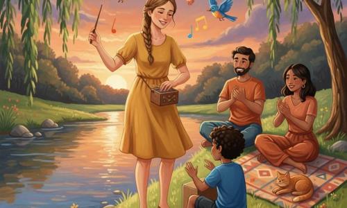 Maïa, femme souriante et concentrée, cheveux châtain clair en tresse, robe jaune moutarde, tient une petite boîte à musique et dirige les sons d'une main comme une baguette; à sa droite, Léo, garçon d'environ 6 ans aux cheveux bouclés noirs et t-shirt bleu, tape du pied et frappe une boîte en carton, assis sur une pierre. Deux parents (un homme et une femme) sont assis sur l'herbe quelques pas derrière, souriants et vêtus de couleurs chaudes, applaudissant; un chat roux ronronne sur une couverture; des oiseaux colorés ajoutent des notes. Lieu : berge d'une rivière au crépuscule avec galets brillants, herbe verte, saule pleureur, reflets orange et violet dans l'eau et ciel bleu profond étoilé. Scène : petit concert improvisé où Maïa transforme petits bruits (tic, tac, plouf) en mélodie, enfants et parents forment une ronde mains jointes, ambiance chaleureuse, lumières douces et textures de peinture visibles, coups de pinceau expressifs.