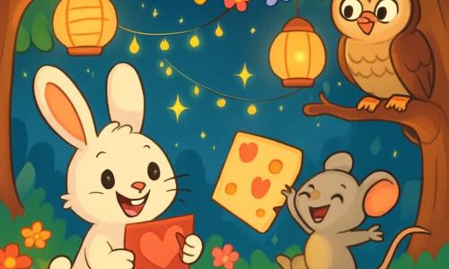 Lupin, un petit lapin aux grandes oreilles et à la fourrure douce, est assis sur un tapis de fleurs colorées, souriant et les yeux pétillants. Il tient une carte de Saint-Valentin décorée de cœurs. À côté de lui, Lili la souris, petite et grise, saute de joie avec un poème en forme de fromage, rayonnante de bonheur. Octave le hibou, perché sur une branche, les observe avec un regard sage. La scène se déroule dans une clairière enchantée, entourée d'arbres majestueux et illuminée par des guirlandes de fleurs et des lanternes. Lupin et ses amis préparent une fête de la Saint-Valentin, échangeant des cartes et riant ensemble, remplis de joie et d'amitié, tandis que des étoiles brillent dans le ciel.