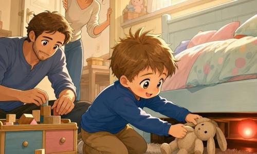 Garçon de 2 ans, cheveux châtain clair en bataille, yeux brillants, à genoux près d'un lit tirant un doudou beige sous le lit, expression de triomphe ; maman d'environ 30 ans, chignon, souriante et encourageante à la porte ; papa 30–35 ans, barbe naissante, range des blocs en bois près d'un coffre à jouets à gauche ; petite chambre chaleureuse avec tapis crème, couette pastel, veilleuse ronde rouge sous le lit diffusant une lueur douce, coffre en bois peint et fenêtre basse laissant entrer une lumière dorée ; style aux couleurs douces et traits ronds façon manga pour enfants, composition claire et fond lumineux.