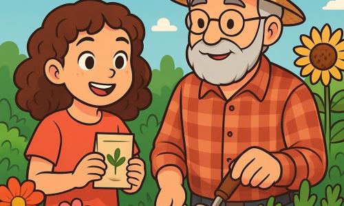 Emma, une fille de 10 ans aux cheveux châtains et bouclés, se tient dans un jardin ensoleillé, entourée de fleurs et de légumes. Elle sourit en tenant un sachet de graines, prête à les planter. À ses côtés, son grand-père, un homme âgé avec une barbe grise et des lunettes rondes, l'observe avec fierté, armé d'une petite pelle. Le jardin est vivant, avec des rangées de carottes et de tournesols, tandis que des papillons volent autour. Ensemble, ils plantent des graines, symbolisant entraide et solidarité, sous un ciel bleu parsemé de nuages, dans une atmosphère joyeuse et pleine d'espoir.
