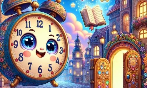 Au centre de la scène, une horloge animée avec des yeux lumineux et un sourire chaleureux se tient sur une rue pavée, ses aiguilles en mouvement exprimant une curiosité joyeuse. Elle est ornée de motifs colorés et scintillants. À côté, un vieux livre flottant, aux pages brillantes comme des étoiles, sourit avec sagesse, partageant des secrets avec l'horloge. En arrière-plan, la ville est pleine de bâtiments anciens aux façades colorées, sous un ciel bleu clair parsemé de nuages cotonneux. L'horloge touche une porte en bois ornée de symboles magiques, qui s'ouvre lentement, révélant un passage lumineux vers une forêt enchantée, symbolisant le début de son aventure magique.
