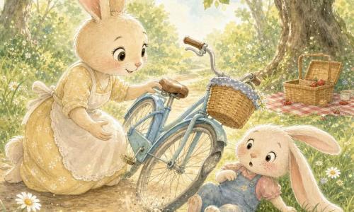 Lila, un petit lapin anthropomorphe aux longues oreilles et taches de rousseur, apprend à faire du vélo bleu clair avec panier en osier ; sa mère, une lapine crème au sourire rassurant, est agenouillée, main tendue vers la selle après que la roue avant a heurté un caillou et soulevé un peu de poussière, tandis que Lila vient de tomber doucement dans l'herbe sur un sentier bordé de hautes herbes et de marguerites, sous des arbres filtrant le soleil, et qu'à l'arrière-plan une nappe de pique-nique à carreaux rouges et blancs et quelques baies ajoutent une ambiance douce et familiale.