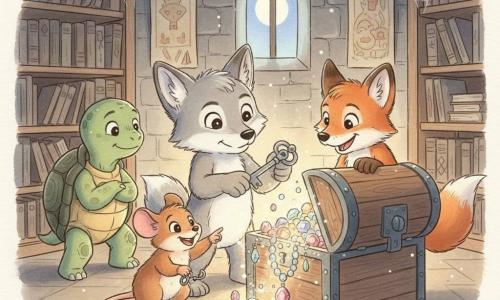 Loulou, un petit loup gris perle aux yeux brillants, tourne une vieille clé argentée dans la serrure d'un coffre ancien tandis que Mia, une souris brune soyeuse, accroupie, montre les pierres précieuses; Tim, un renard roux espiègle, sourit en regardant l'intérieur du coffre, une patte sur le couvercle, et Zoé, une tortue verte à la carapace rainurée, observe prudente en retrait. La scène se déroule dans une bibliothèque secrète du château aux murs de pierre sombre, étagères poussiéreuses et tapisseries fanées; le coffre s'ouvre, libérant des gemmes colorées et un halo de lumière chaude, éclairage contrasté et textures douces rappelant l'aquarelle.
