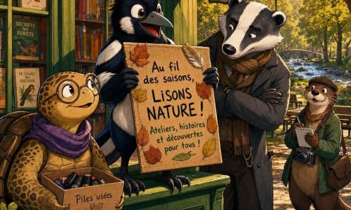 Zéphyr, une pie anthropomorphe aux plumes noir et blanc, sourit en montrant une affiche bricolée en carton ornée de feuilles sèches et d’une plume, perchée sur la vitrine d’une librairie au bois peint vert ; à gauche, Joséphine la tortue sage tient une boîte « Piles usées », à droite Monsieur Ombre-Sol le blaireau observe attentif et bienveillant, et en arrière-plan Loutre Lin, une petite loutre, tient un carnet et un vieil appareil photo près d’un banc et d’un ruisseau ; scène d’inauguration joyeuse après une journée de ramassage, fin d’après-midi dorée, lumière chaude, couleurs saturées, composition centrée sur la pie avec gestes amicaux et ombres douces.