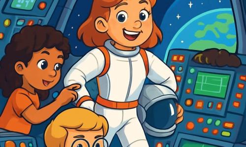 Une jeune fille, Capitaine Zoé, souriante et pleine d’énergie, porte une combinaison spatiale brillante et un casque argenté sous le bras. Ses yeux pétillent d’excitation alors qu’elle flotte dans la cabine de la fusée, entourée de boutons colorés et d’écrans lumineux. À ses côtés, Lila, une ingénieure d’environ 10 ans, ajuste un écran de contrôle avec concentration. Paul, un garçon de 9 ans aux lunettes rondes et cheveux blonds, observe les instruments avec sérieux. La cabine est remplie de lumières clignotantes et offre une vue spectaculaire sur l’espace avec des étoiles et la Terre en arrière-plan. Capitaine Zoé vérifie les instruments, prête à décoller vers les étoiles, tandis que Lila et Paul l’encouragent.