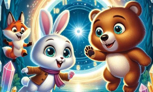 Au centre de l'image, Oscar, un ours brun curieux, se tient debout, les pattes levées devant un grand cercle lumineux. À sa droite, Lila, une lapine blanche joyeuse, saute avec un sourire, tandis qu'à gauche, Max, un renard roux intrigué, observe le cercle. En arrière-plan, une grotte ornée de cristaux scintillants crée une ambiance magique, le sol étant recouvert de mousse verte et de fleurs colorées. Oscar et ses amis sont prêts à sauter dans le cercle lumineux pour commencer leur voyage dans le temps, leurs visages illuminés par l'anticipation de l'aventure.