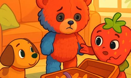 Pompon, un petit doudou en peluche moelleux aux couleurs vives de rouge et de bleu, est au centre de l'image, avec un sourire doux et une lueur de tristesse dans ses yeux en boutons. Il regarde une valise ouverte à ses pieds, remplie de souvenirs colorés. À sa droite, Cerise, une peluche en forme de fraise, se blottit contre lui, affichant une expression d'inquiétude. À gauche, Biscuit, un jouet en forme de petit chien, le regarde avec compassion. Le décor est un salon chaleureux, avec un grand canapé moelleux et une lumière douce. La scène montre Pompon, Cerise et Biscuit remplissant la valise de souvenirs, symbolisant leur soutien mutuel face à la séparation de Doux et Belle, créant un moment de tendresse et d'amitié.