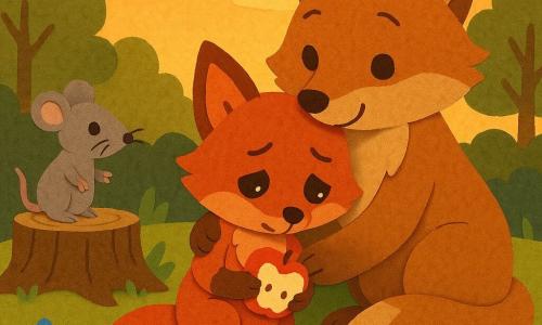 Rémi, un petit renard roux, baisse la tête, un peu honteux puis soulagé, tenant une demi-pomme croquée ; sa maman, plus grande au pelage caramel, le serre contre elle avec tendresse ; Zoé la souris grise, curieuse et bienveillante, se tient sur une souche à gauche ; la clairière en papier découpé montre herbe en couches, quelques fleurs et pommes rouges tombées, une grosse souche texturée ; ciel orangé de coucher de soleil et silhouettes d’arbres, lumière douce et ambiante réconfortante alors que Rémi avoue et reçoit un câlin.