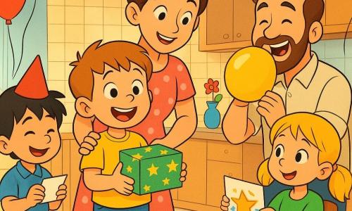Un garçon de 4 ans souriant présente fièrement une petite boîte verte décorée d’étoiles; sa mère d’environ 30 ans, cheveux en chignon, le serre par l’épaule, son père d’environ 32 ans gonfle un ballon et rit; sa sœur Léa, 4 ans, est assise avec un dessin, et Malo, 5 ans, lit un papier; la cuisine-salle à manger lumineuse est décorée pour un anniversaire avec guirlandes, ballons, vase bleu et une assiette de crêpes; ambiance festive, chaleureuse et bienveillante.