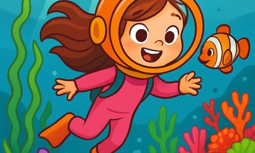 Une petite fille de 6 ans, Léa, avec de longs cheveux bruns, porte une combinaison de plongée rose et un scaphandre rond. Elle explore un monde sous-marin vibrant, pleine de joie. À côté d'elle, un poisson clown orange et blanc nage autour d'elle, l'invitant à le suivre. Une étoile de mer violette repose sur un rocher, observant la scène. Le décor est une mer cristalline, illuminée par des rayons de soleil, avec des algues vertes et des coraux multicolores. Léa se tient devant trois chemins sous l'eau, prête à choisir son aventure.
