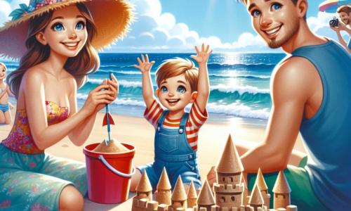 Petit Tom, un garçon de 6 ans aux cheveux blonds et aux yeux pétillants, est assis sur le sable doré avec un seau rouge rempli de sable. Sa maman, une femme brune d'une trentaine d'années, porte un chapeau de paille et un maillot de bain coloré, et l'encourage en levant les bras pour admirer le château de sable qu'il construit. Son papa, un homme grand avec des cheveux châtains et une légère barbe, prend des photos pour immortaliser cette journée joyeuse. La plage est magnifique avec des vagues bleues et un ciel bleu éclatant parsemé de nuages blancs. Petit Tom construit un grand château de sable avec des tours et des drapeaux en papier, tandis que ses parents profitent de cette belle journée ensoleillée.