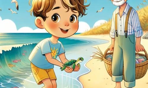 Un petit garçon de 6 ans, nommé Tom, se tient sur la plage, les yeux brillants d'excitation. Il a des cheveux châtains en bataille, un t-shirt bleu et un short jaune. Accroupi, il tient une petite tortue verte, prêt à la déposer dans l'eau. Près de lui, un vieux pêcheur de 70 ans observe la scène avec bienveillance, portant un chapeau de paille et une chemise à rayures. La scène se déroule sur une plage ensoleillée, avec des dunes de sable doré et des vagues turquoise. Tom aide la tortue à retourner à l'océan, illustrant l'importance de prendre soin des animaux et de la nature, dans une atmosphère joyeuse et chaleureuse.