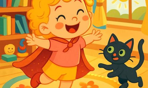 Une petite fille de 2 ans, Lila, avec de grands yeux pétillants et des cheveux bouclés dorés, porte une cape brillante. Elle rit aux éclats, ses joues roses et son sourire illuminent son visage. À côté d'elle, un chat noir aux yeux verts bondit joyeusement, prêt à jouer. La scène se déroule dans une chambre colorée remplie de jouets : un tapis moelleux fleuri, des livres brillants sur une étagère, et une fenêtre laissant entrer la lumière du soleil. Lila tourne sur elle-même, sa cape virevoltant, tandis que le chat fait des bonds autour d'elle, créant une ambiance ludique et enchantée.