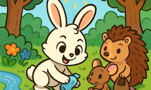 Léo, un petit lapin curieux au pelage blanc et aux grandes oreilles pointues, se tient près d'un ruisseau, ramassant un morceau de plastique. À ses côtés, Mia la souris, au pelage brun, regarde avec inquiétude, tenant un sac pour les déchets. Tom le hérisson, amical, s'approche pour aider. La scène se déroule dans une clairière verdoyante, entourée d'arbres majestueux et de fleurs colorées, où Léo et ses amis nettoient leur forêt pour protéger l'environnement.