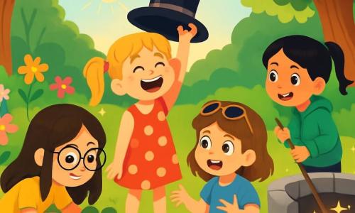Quatre enfants explorent un jardin enchanté : Zoé, 8 ans, cheveux bruns et lunettes rondes, accroupie près d'un buisson en fouillant ; Clara, 7 ans, cheveux blonds en couettes, debout avec un vieux chapeau de magicien, riant ; Sarah, 8 ans, cheveux châtains et lunettes de soleil, assise sur l'herbe, racontant une histoire ; et Léa, 7 ans, cheveux noirs avec une tresse, debout avec un bâton pour attraper une boîte brillante au fond d'un puits. Le jardin est coloré, avec des fleurs, des arbres noueux et un vieux puits en pierre. Les enfants sont joyeux et prêts pour une aventure magique.