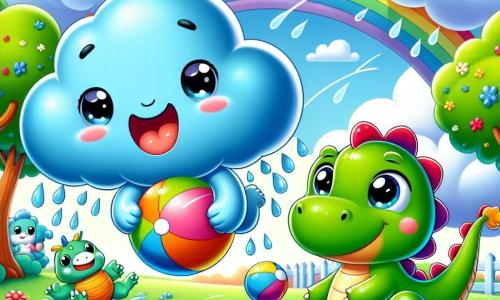 Un petit nuage bleu, joyeux et espiègle, saute sur un terrain verdoyant avec un grand sourire. Il tient une balle colorée dans ses petites mains. À côté de lui, un gros dragon vert, amical, court avec une expression de bonheur, ses écailles brillent au soleil. Le parc ensoleillé est rempli de fleurs colorées et d'arbres éclatants, sous un ciel bleu avec quelques nuages blancs. Des amis, comme une petite grenouille verte et une coccinelle rouge, les regardent, impatients de jouer. Le nuage et le dragon lancent la balle ensemble, éclaboussant de joie, tandis que la pluie commence à tomber, rendant le jeu encore plus amusant sous les gouttes scintillantes.
