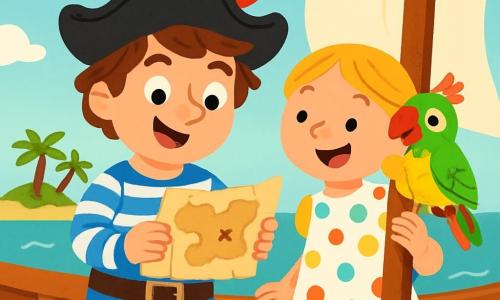 Un homme pirate souriant, le Capitaine Léo, se tient sur le pont de son bateau. Il a des cheveux bruns en bataille, un chapeau noir avec une plume rouge, une chemise rayée bleue et un pantalon en cuir. Il admire une carte au trésor, les yeux brillants d'excitation. À ses côtés, Mila, une petite fille de 7 ans aux cheveux blonds tressés, tient un mât. Elle porte une robe à pois colorés et sourit joyeusement, tandis qu'un perroquet coloré nommé Coco se perche sur son épaule. Le bateau navigue sur une mer turquoise sous un ciel bleu clair avec des nuages blancs. En arrière-plan, une île tropicale avec des palmiers et des plages de sable doré est visible. Capitaine Léo découvre la carte au trésor, encouragé par Mila et Coco, et l'aventure commence.