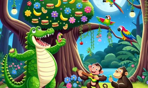 Un crocodile souriant, avec une peau verte brillante et des yeux pétillants, se tient au centre, les bras ouverts, prêt à goûter à un arbre magique rempli de sandwiches colorés. À sa droite, un singe espiègle, avec un pelage brun et une guitare banane, joue une mélodie joyeuse. À gauche, un perroquet aux plumes éclatantes vole autour d'eux en chantant. La scène se déroule dans une jungle luxuriante, éclairée par la lune, créant une ambiance magique. Croco, Riri et Lala découvrent l'arbre à sandwiches, riant ensemble et partageant des moments de joie.