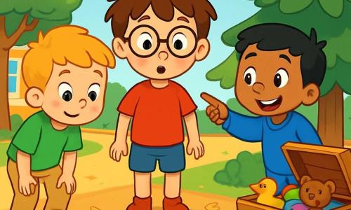Il y a trois garçons : Tom, 6 ans, avec des cheveux bruns en bataille et des lunettes rondes, portant un t-shirt rouge et un short bleu, se tient au centre, curieux ; Léo, également 6 ans, avec des cheveux blonds et des taches de rousseur, habillé d’un t-shirt vert et d’un pantalon beige, observe un dessin dans la terre ; Sami, 6 ans, avec des cheveux noirs et un grand sourire, porte un sweat-shirt bleu et un jean, et pointe vers une flèche avec enthousiasme. La scène se déroule dans une cour d'école ensoleillée, entourée de grands arbres verts, avec un vieux coffre à jouets en bois entrouvert, débordant de jouets colorés, et un sapin offrant de l'ombre. Les garçons découvrent un mystérieux dessin dans la terre : une étoile brillante et une flèche pointant vers le coffre, et ils sont prêts à enquêter sur le mystère de l’étoile magique.