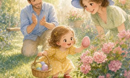 Une fillette de deux ans, yeux grands et sourire ouvert, joues rosées, cheveux châtains clairs en petites boucles, porte une robe jaune à pois blancs et des chaussons rouges, tient un petit panier en osier rempli d'œufs colorés; elle vient de trouver un œuf rose sous un buisson et le tend vers son panier tandis que son père d'environ 35 ans, barbe légère et chemise bleue, applaudit à gauche et sa mère d'environ 33 ans, chapeau bleu à large bord et robe vert pâle, est penchée à droite en lui souriant; le jardin humide de rosée présente de l'herbe verte brillante, des buissons fleuris roses, une balançoire en bois et une petite flaque scintillante, baignés d'une douce lumière dorée du matin.