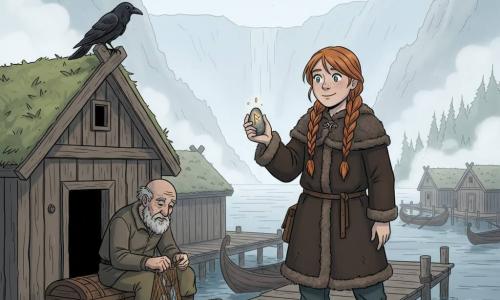 Sigrid, femme déterminée et souriante aux yeux clairs et tresses rousses, tient un galet gravé d’une rune et avance d’un pas vers le quai, une petite étincelle ambre dans la main contrastant avec la brume froide; à gauche, le vieux pêcheur Skardi, courbé et barbu, répare un filet assis sur un coffre, tandis qu’un corbeau noir sur le seuil observe la rune; en arrière-plan, un fjord embrumé aux eaux gris-bleu borde un quai bordé de maisons longues en bois aux toits de tourbe et de bateaux à demi visibles, et trois chemins en ombre derrière Sigrid suggèrent le choix entre mer, forêt ou montagne.