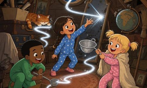 Trois enfants dans un grenier cosy et poussiéreux : Chloé, ~6 ans, cheveux bruns en tresse de travers en pyjama bleu à petites étoiles, au centre, bras tendu vers un mince rayon de lune qui danse ; Léo, ~6 ans, cheveux courts en pyjama vert, à gauche, accroupi, boîte à chaussures ouverte et louche en main, riant en regardant le rayon ; Zoé, ~6 ans, cheveux blonds en couettes en pyjama rose, à droite, portant sur ses épaules une vieille couverture magique et tenant une passoire argentée comme filet. Le rayon de lune entre par une lucarne ronde, rebondit sur un vieux miroir incliné et serpente autour des enfants en éclairant des particules de poussière ; ambiance drôle et magique, objets qui tremblent (balai, globe), palette chaleureuse du grenier contrastant avec la lueur froide argentée. Biscotte, le chat roux, peut dormir sur une valise, ses moustaches éclairées.