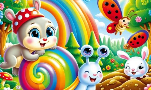 Un escargot nommé Arc-en-Ciel, avec une coquille brillante aux couleurs vives, se tient au centre de la scène, affichant une expression déterminée et joyeuse. À ses côtés, Léo le lapin creuse la terre, tandis que Zoé la coccinelle vole autour d'eux, cherchant un chemin vers le ruisseau. En arrière-plan, Max le papillon survole la scène. La scène se déroule dans une forêt enchantée, remplie de fleurs éclatantes et de grands arbres verts, sous un ciel bleu clair. Arc-en-Ciel et ses amis s'affairent à apporter de l'eau aux fleurs assoiffées, créant une atmosphère de camaraderie et de joie.