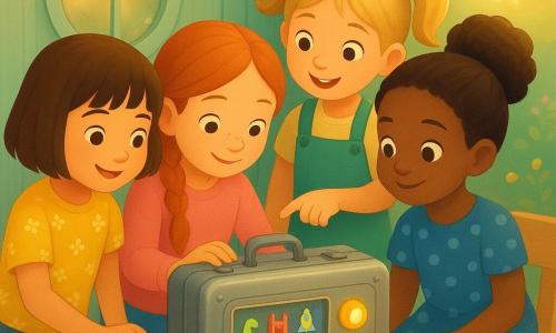 Quatre filles de 5 ans entourent une vieille valise en métal étiquetée « VALISE CHRONO » dans une petite cabane de jardin en bois vert pâle: Lina, cheveux bruns courts en carré, t‑shirt jaune à fleurs, tient la poignée à gauche; Maya, peau mate et chignon, robe bleue à pois, est assise à droite, mains sur les genoux, regardant l’écran clignotant; Zoé, cheveux blonds en couettes, en salopette verte, se tient derrière la valise et pointe le bouton qui clignote jaune-ambre; Inès, rousse tressée avec taches de rousseur, pull rose, ouvre un carnet posé sur la valise au centre-avant. La valise a un bouton rond jaune-ambre et un petit écran montrant des pictogrammes colorés (dinosaure, château, fusée). La lumière chaude filtre par une fenêtre ronde ; on aperçoit une table basse en bois clair, crayons éparpillés, un vieux drap plié, herbe et fleurs à l’extérieur ; textures: métal légèrement patiné, bois grainé, tissus froissés. Atmosphère d’émerveillement, expressions douces, palette pastel avec accents vifs; composition centrée sur la valise, les enfants formant un demi-cercle.
