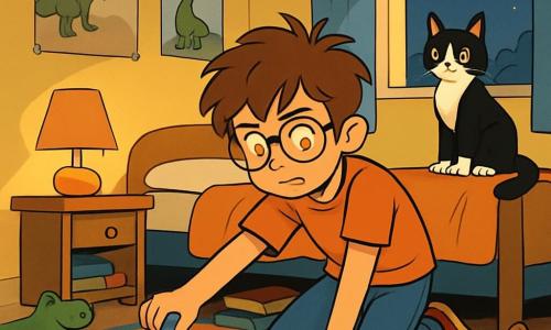 Un garçon de 12 ans, Timothée, avec des cheveux bruns en bataille et des lunettes rondes, est agenouillé dans sa chambre, cherchant sa chaussette bleue à rayures jaunes sous son lit. À côté de lui, un chat noir et blanc nommé Monsieur Chiffon l'observe avec curiosité, assis sur le lit. La chambre est décorée de posters de dinosaures et de jouets, avec une ambiance mystérieuse créée par la lumière de la lune. Timothée fouille frénétiquement dans le désordre joyeux, entouré de peluches et de livres, tandis que l'ombre du chat se dessine sur le mur.