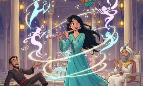 Layla, adolescente (16–18 ans) souriante et émerveillée, joue d’une flûte en bois rose pâle, cheveux longs noirs, robe turquoise fluide brodée d’or, plume arc‑en‑ciel derrière l’oreille, pieds sur la mosaïque et souffle visible en volutes musicales; à droite, le sultan (~50 ans) sur un trône ivoire, visage bienveillant, barbe grise et turban orné applaudissant doucement; à gauche Zalim, le vizir (35–40 ans), au regard surpris et jaloux, costume sombre à motifs géométriques, glissant maladroitement sur un tapis près d’une fontaine; au‑dessus de Layla un oiseau aux plumes arc‑en‑ciel vole, ailes déployées; le palais des songes est une grande salle aux colonnes d’ivoire, murs en mosaïque brillante, centaines de lanternes colorées suspendues, tapis orientaux rouges et bleus et fontaine centrale en marbre scintillante; des esprits lumineux pastel, filiformes et tourbillonnants, dansent autour de Layla en dessinant des arabesques lumineuses; situation principale : la mélodie de Layla fait danser la salle dans une ambiance nocturne aux reflets dorés, expressions heureuses et mouvement joyeux et fluide.