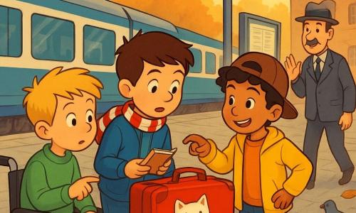 Trois garçons enquêtent sur une valise rouge abandonnée sur un banc d'un quai de gare rétro : Lucas (9 ans), cheveux bruns courts, écharpe rouge et blanche au vent, veste bleue, tient un petit carnet et se penche vers la valise ; Émile (10 ans), en fauteuil roulant, cheveux blonds en brosse, pull vert clair, à gauche de Lucas, pointe un autocollant de chat sur la valise ; Romain (9 ans), cheveux noirs bouclés, casquette portée en arrière, veste jaune, à droite de Lucas, debout et souriant en parlant à un monsieur qui arrive. Le quai animé a un sol en dalles grises, banc vert, panneaux d'horaires, un train bleu et blanc en arrière-plan, quelques pigeons ; la valise porte un autocollant de chat souriant et une étiquette "M. Dubois". L'ambiance est automnale, aux couleurs chaudes, centrée sur la valise et les regards curieux et joyeux des enfants.